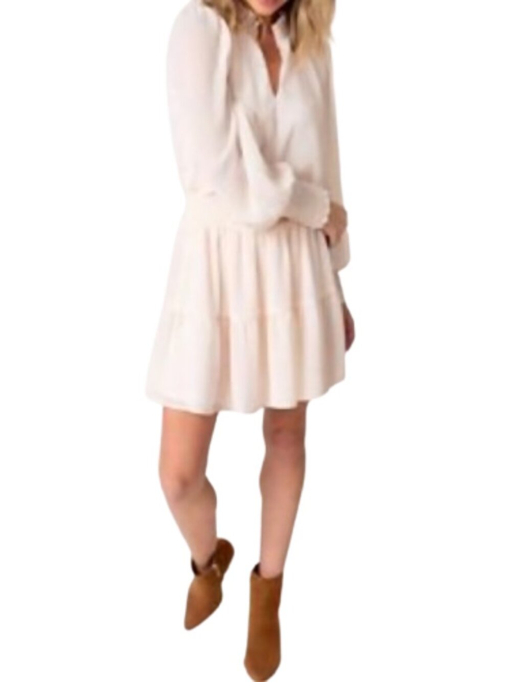gibsonlook Long Sleeve Short Dress Cream Ruffle Tiered Smocked V-Neck